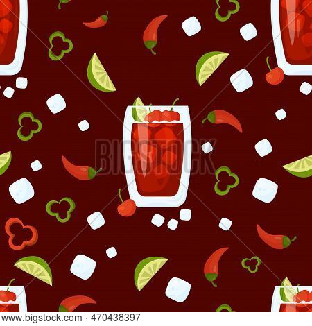 Seamless Pattern With Mexican Cocktail. Cherry Limeade Drink In Glass With Ice Cubes, Cherries And L