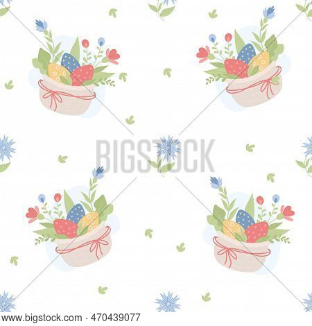 Seamless Pattern With Easter Basket And Eggs On White Background With Blue Flowers. Vector Illustrat