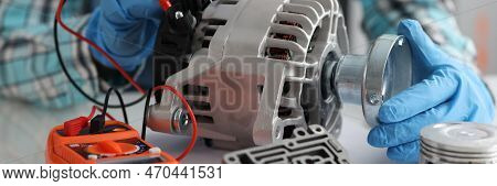 Automotive Alternator Repair Test Stator Closeup With Copper Coil In Workshop. Checking Generator Wi