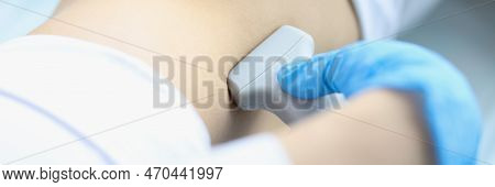 Doctor Makes Ultrasound Diagnosis Of Patient With Kidney Prolapse. Ultrasound Scanning And Examinati