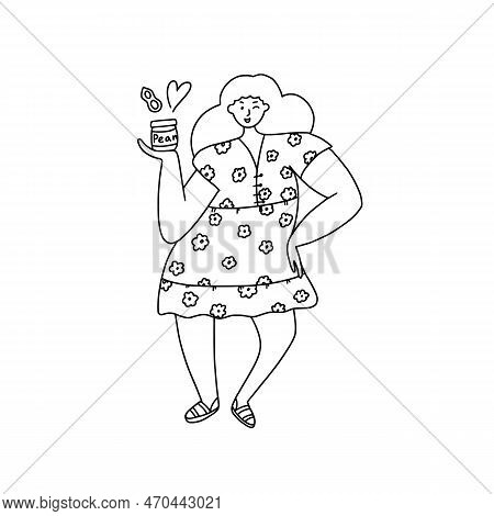 Fat Body Pozitive Woman Happy With Peanut Butter Jar In Hand.