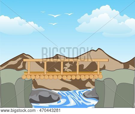 Wooden Bridge In Mountain On Tempestuous River