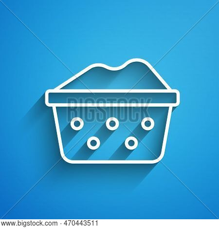 White Line Plastic Basin With Soap Suds Icon Isolated On Blue Background. Bowl With Water. Washing C