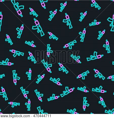 Line Submachine Gun Icon Isolated Seamless Pattern On Black Background. Kalashnikov Or Ak47. Vector