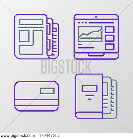 Set Line Office Folders, Credit Card, Trading Courses And Stock Market News Icon. Vector