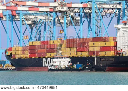 Haifa, Israel - October 11, 2021: Msc Mega Container Ship Docked At Haifa Shipping Port.