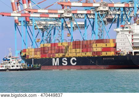 Haifa, Israel - October 11, 2021: Msc Mega Container Ship Docked At Haifa Shipping Port.