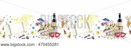 Hand Drawn Colorful Horizontal Seamless Banner For Purim With Mishloah Manot Basket, Esther Scroll, 