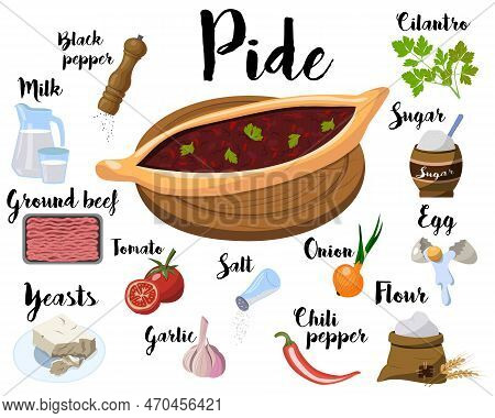Kitchen Poster With A Recipe For Cooking Turkish Pizza, Pide. Vector