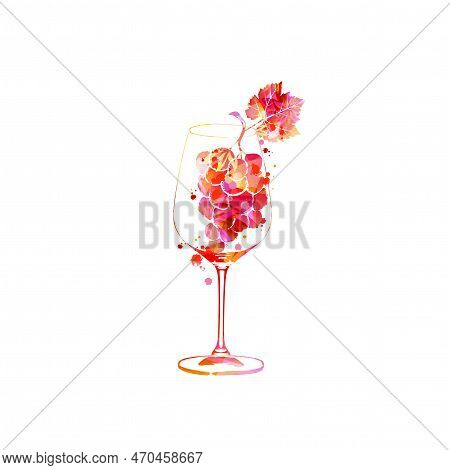 Beautiful Wine Glass With Grapes And Grapevine Leaf. Colorful Goblet For Alcoholic Beverage. Glogg L
