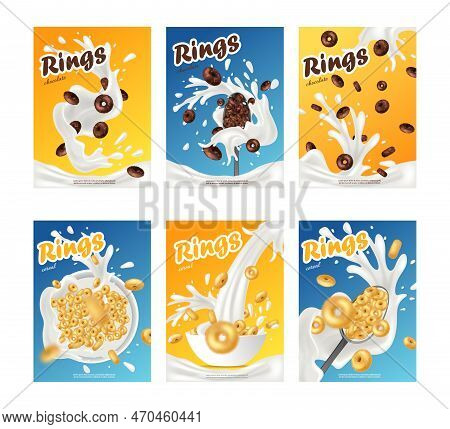 Breakfast Cereal Realistic Poster Set With Rings Isolated. Concept Of Healthy Breakfast. 3d Ring Cer