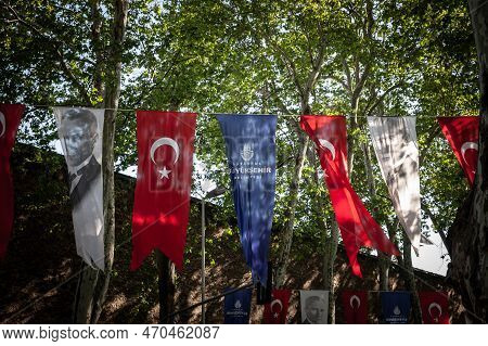 Istanbul, Turkey - May 21, 2022: Flags Of Turkey, Of Ataturk, And With The Logo Of Istanbul Buyukseh