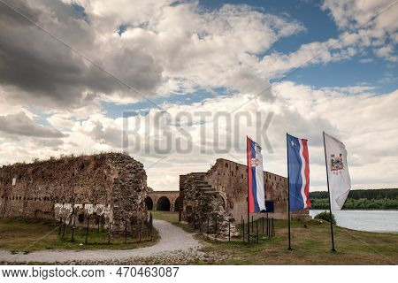 Flags Of Serbia And Sabac In Front Of The Sabac Fortress. Also Called Sabacka Tvdjava, This Fortress