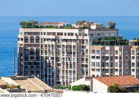 Monte Carlo, Monaco - August 2022: Detail Of Luxury Real Estete Residential Building