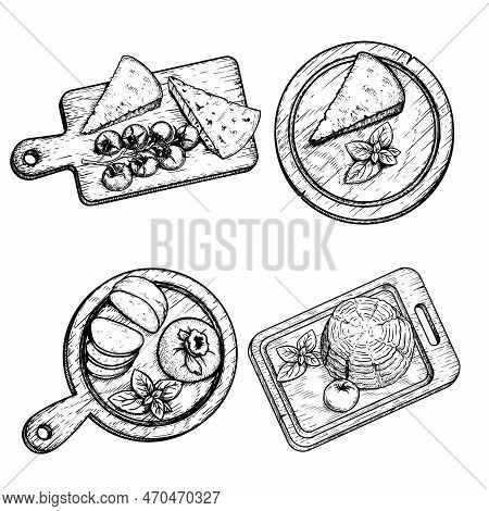 Traditional Italian Cheese Set. Mozzarella, Burratta, Gorgonzola And Parmesan With Basil Leaves And 