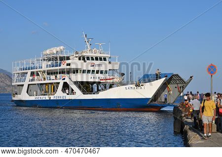 Paleochora, August 6, 2022: Ferry Parked At Pier Of Paleochora Town In Crete Island, Greece