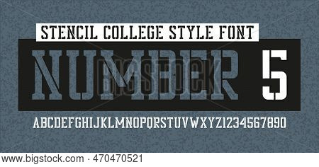 Stencil Alphabet. College Or University Style Stencil Font With Uppercase Letters And Numbers. Vinta