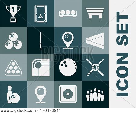 Set Bowling Pin, Crossed Billiard Cues And Ball, Billiard Triangle, Balls On Stand, Award Cup And Lo