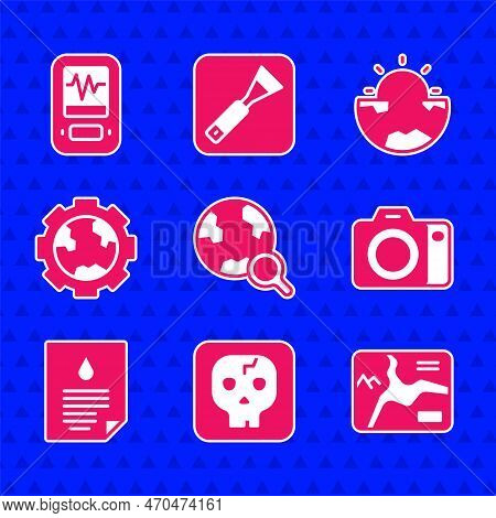 Set Magnifying Glass With Globe, Archeology, Topographic Map, Photo Camera, Oil Drop Document, Gear 