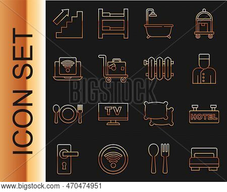 Set Line Hotel Room Bed, Signboard With Text, Concierge, Bathtub Shower, Suitcase, Wireless Laptop, 