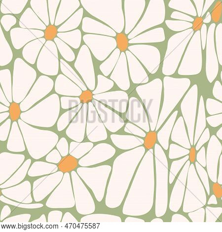 Retro Floral Seamless Pattern With Groovy Daisy Flower Daisies On Green Background. Vector Illustrat
