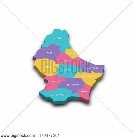 Luxembourg Political Map Of Administrative Divisions - Cantons. Colorful 3d Vector Map With Dropped 