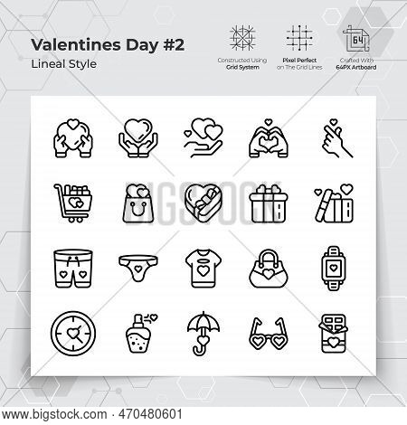 Valentine's Day Icon Set In Black Line Style On Gifts And Fall In Love Themed. A Collection Of Love