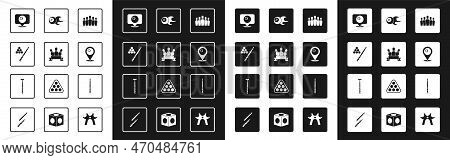 Set Bowling Pin, Billiard Cue And Ball, Location With Billiard, And Icon. Vector