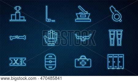 Set Line Locker Or Changing Room, Crutch Crutches, Ice Hockey Cup Champion, Hockey Glove, Human Brok
