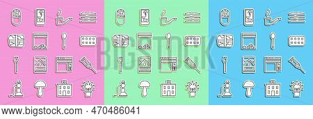 Set Line Marijuana Or Cannabis Plant In Pot, Syringe, Pills Blister Pack, Smoking Pipe, Plastic Bag 