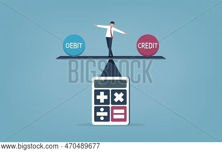 Businessman Keeping Balance Between Debit And Credit On The Seesaw Concept, Vector Illustration