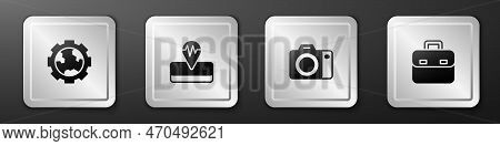 Set Gear Wheels And Earth, Earthquake, Photo Camera And Briefcase Icon. Silver Square Button. Vector