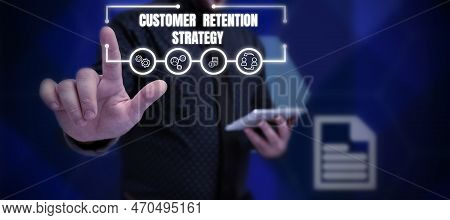 Hand Writing Sign Customer Retention Strategy. Word Written On Activities Companies Take To Reduce U