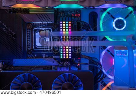 Shot Of Overclocked Cpu Computer Cabinet With Water Liquid Cooled Processors And Rgb Red Green Blue 