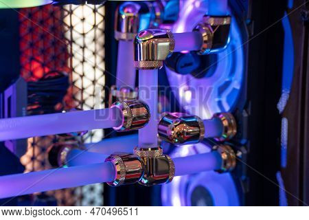 Shot Of Overclocked Cpu Computer Cabinet With Water Liquid Cooled Processors And Rgb Red Green Blue 