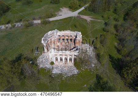 Top View On The Ruins Of The Ancient Church Life-giving Trinity On A May Day (aerial View). Pyataya 