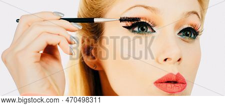 Eyebrows With Tweezers Close Up. Cosmetic For Eyebrows. Close Up Of Brown Woman Eye With Beautiful B
