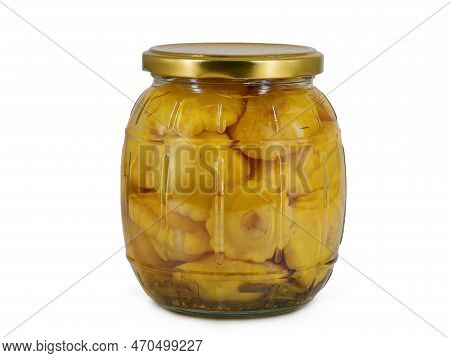 Yellow Pattisons In Glass Jar, Sour Pickled Vegetables With Isolated On White Background