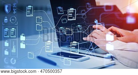 Businesswoman Hands Working With Laptop, Double Exposure With Online Documentation System And Busine