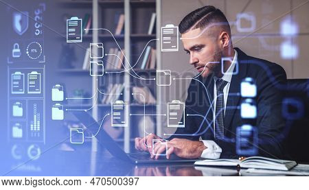 Businessman Typing On Laptop, Double Exposure Online Documentation System And Business Files Storage
