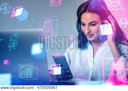 Smiling Businesswoman With Phone And Headphones, Nft Digital Gallery Hologram With Artworks And Rare