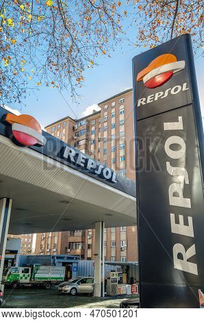 Madrid, Spain - December 27, 2021: Repsol Gas Station In Madrid, Spain, Repsol Is A Spanish Multinat