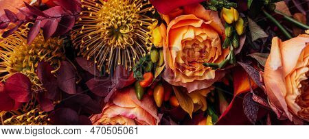 Red Pink Magenta Orange Autumn Colorful Fall Bouquet. Beautiful Flower Composition With Autumn Orang