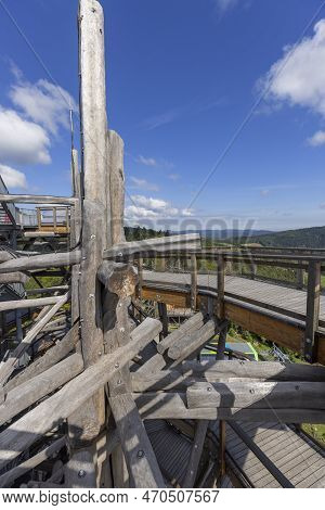 Top Of Wooden Observation Tower Located At The Top Of The Slotwiny Arena Ski Station, Leading In The