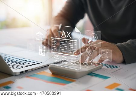 Corporate And Individual Tax Payment Concept, Businessman Using Computer Filling Out Corporate And P