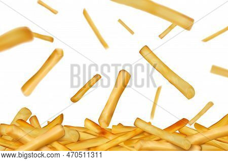 3d Potato Background. French Fries. Falling Roasted Vegetable Pieces. Realistic Backdrop For Fastfoo