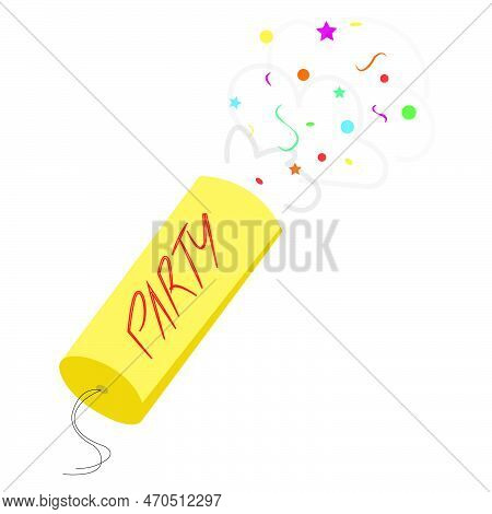 Yellow Firecracker With Confetti On A White Background, Festive Surprise, Explosion. Element Of Part