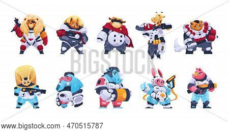 Warrior Animals. Cartoon Funny Superhero Fantasy Game Characters In Armor With Weapon, Cute Colorful