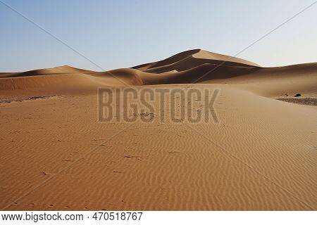 Beauty Erg Chigaga Dune On Sahara Desert In African Southeastern Morocco, Clear Blue Sky In 2023 War