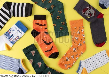 Socks Pattern Closeup. Bright Cheerful Sock Without A Pair Top View. A Set Of Many Different Types A